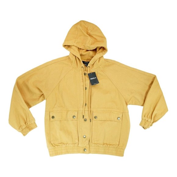 NWT Women's Forever 21 Hooded Denim Jacket Size Small S Long Sleeve Button Down‎ - Picture 1 of 6